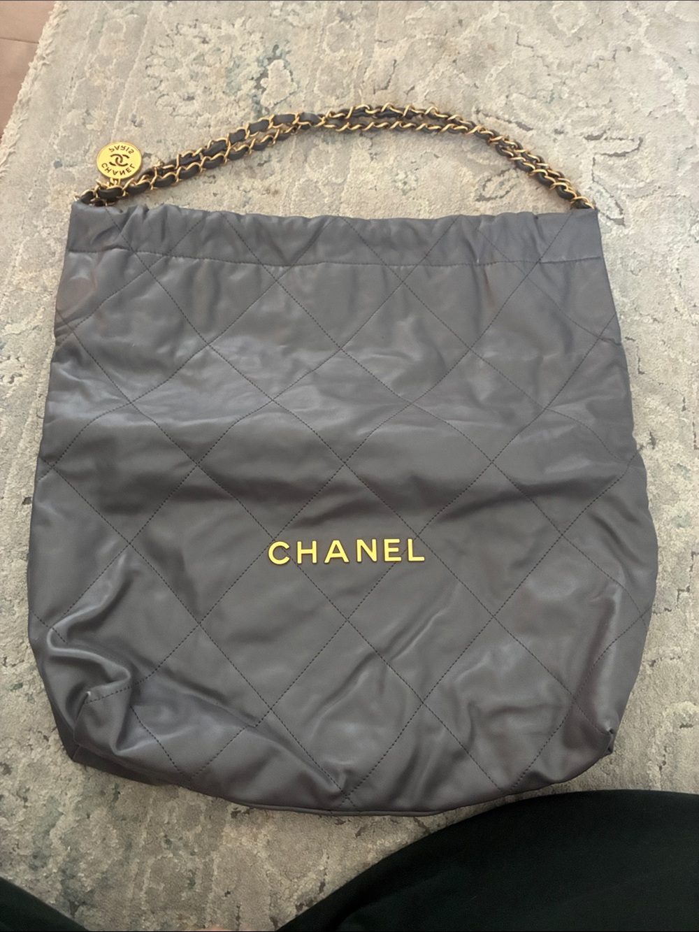 CHANEL 22 Large Black Quilted Leather Shoulder Bag with Gold Chain